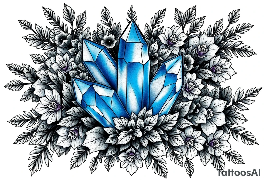 Produce a forearm sleeve tattoo design  The central focal point is a cluster of three vibrant blue crystals interwoven between foliage so that it looks like the leaves and foliage and flowers are weaving in and out and wrapping around the crystals. Surround these with a dense arrangement of black-and-grey foliage, flowers, and shrubs. The crystals should be faceted, standing out vividly in blue against the surrounding monochrome elements.

Integrate additional smaller crystal clusters (each with 3–4 crystals) throughout the foliage, but render these in fine black-and-grey linework so they blend naturally with the botanical elements. Use dotwork and fine shading for depth, with clean linework that balances organic foliage with the sharp geometry of the crystals.

All elements are black and grey except the main central crystal cluster, which is a striking blue. tattoo idea