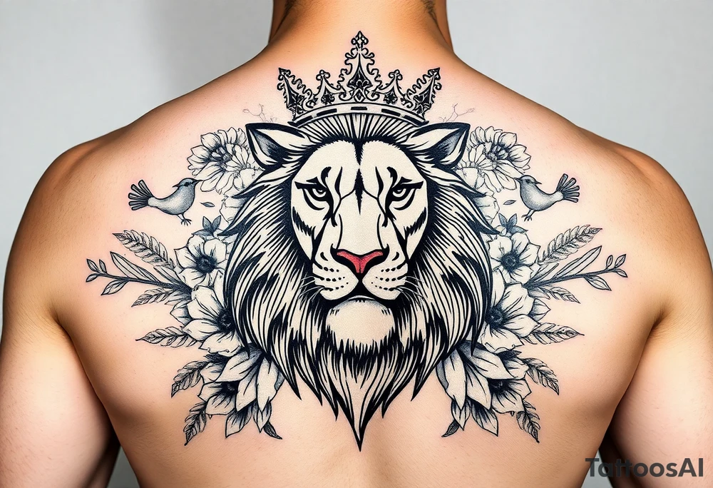 powerful majestic lion with a crown, surrounded by floral ornaments and birds tattoo idea