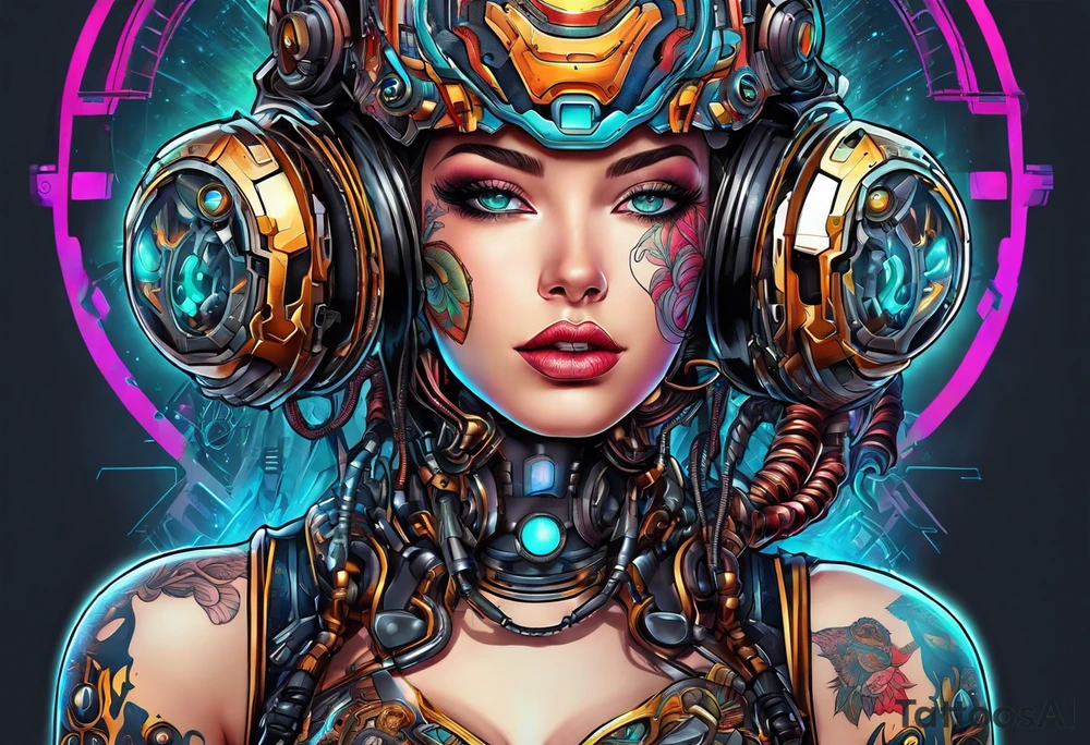 pop art cyborg girl full head not cropped tattoo idea