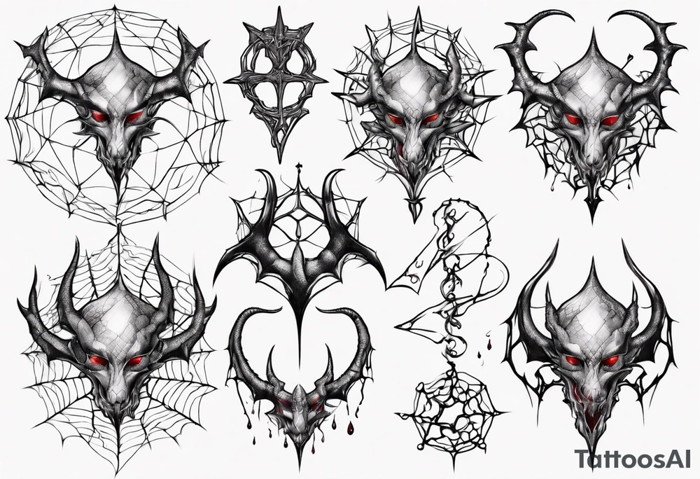 Jewel shaped tangled web with dragon horns and blood drops tattoo idea