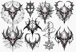 Jewel shaped tangled web with dragon horns and blood drops tattoo idea