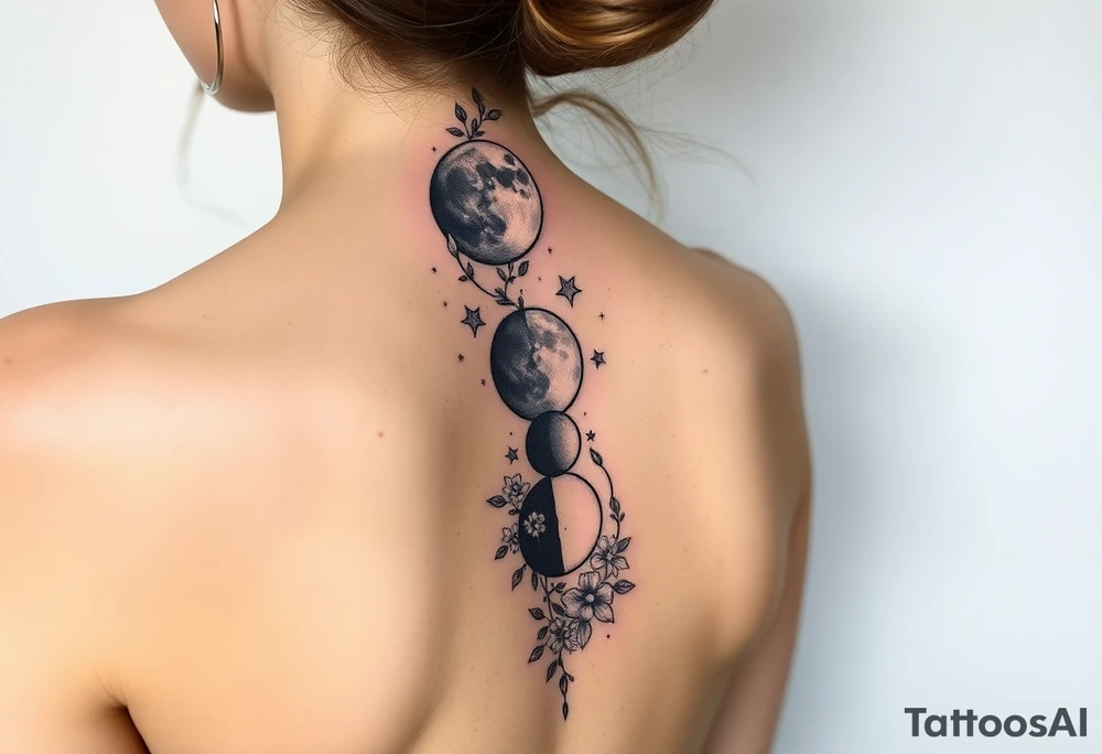 Phases of the moon down the spine details on the moon. With vines and stars and flowers along the sides down beside the phases of the moon tattoo idea