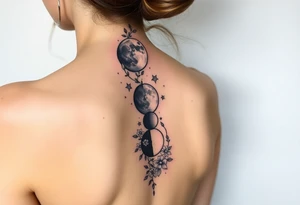 Phases of the moon down the spine details on the moon. With vines and stars and flowers along the sides down beside the phases of the moon tattoo idea