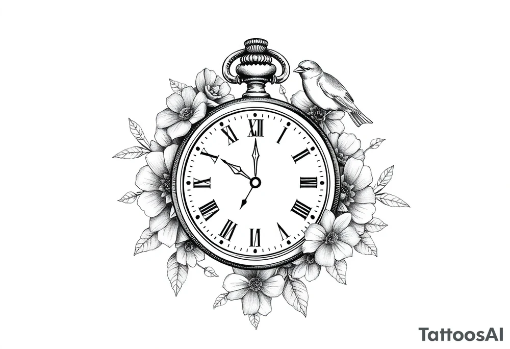 Pocket watch , surrounded by floral ornaments and birds tattoo idea