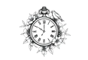Pocket watch , surrounded by floral ornaments and birds tattoo idea
