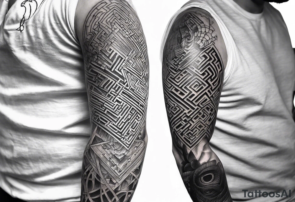 A three deminsional maze tattoo covering the arm in a sleeve with tattoo idea