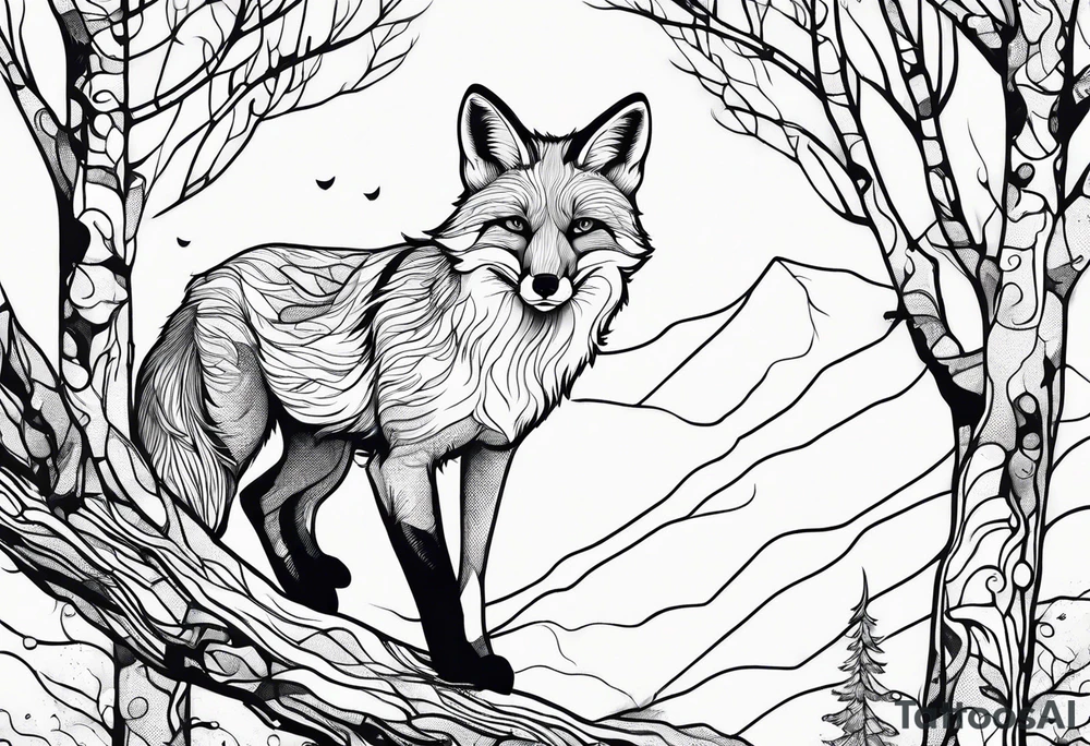 Fox jumping in birch trees tattoo idea