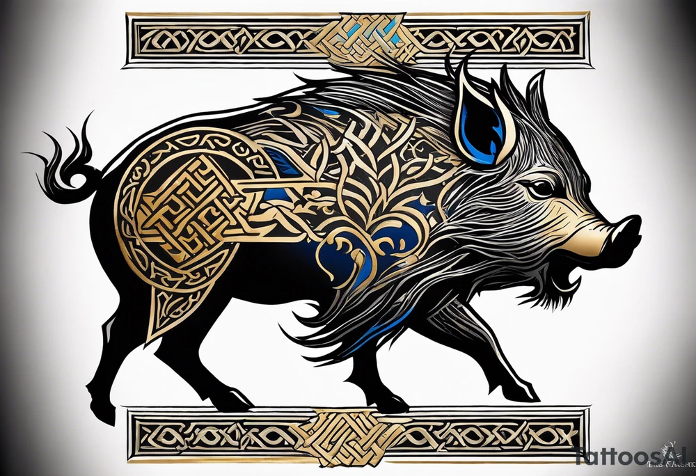 Side profile, Celtic, tribal, wild boar, On a Chatwin family crest with blue background, two gold stars, and a gold Chevron, and a Thistle. With bold black tribal lines. ancient Celtic, tribal boar tattoo idea