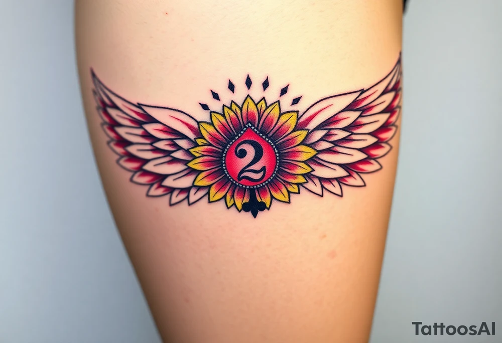 sunflower, wings, or halo with a 2 of clubs tattoo idea