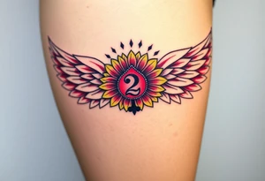 sunflower, wings, or halo with a 2 of clubs tattoo idea