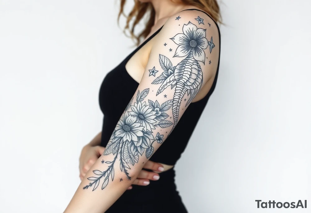 Flowers shells turtle seahorse jellyfish feminine tattoo idea