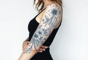 Flowers shells turtle seahorse jellyfish feminine tattoo idea