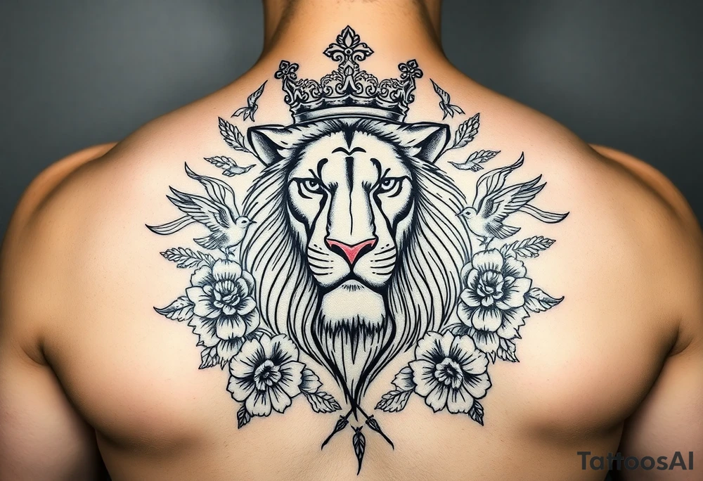 powerful majestic lion with a crown, surrounded by floral ornaments and birds tattoo idea