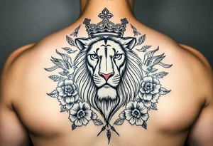 powerful majestic lion with a crown, surrounded by floral ornaments and birds tattoo idea