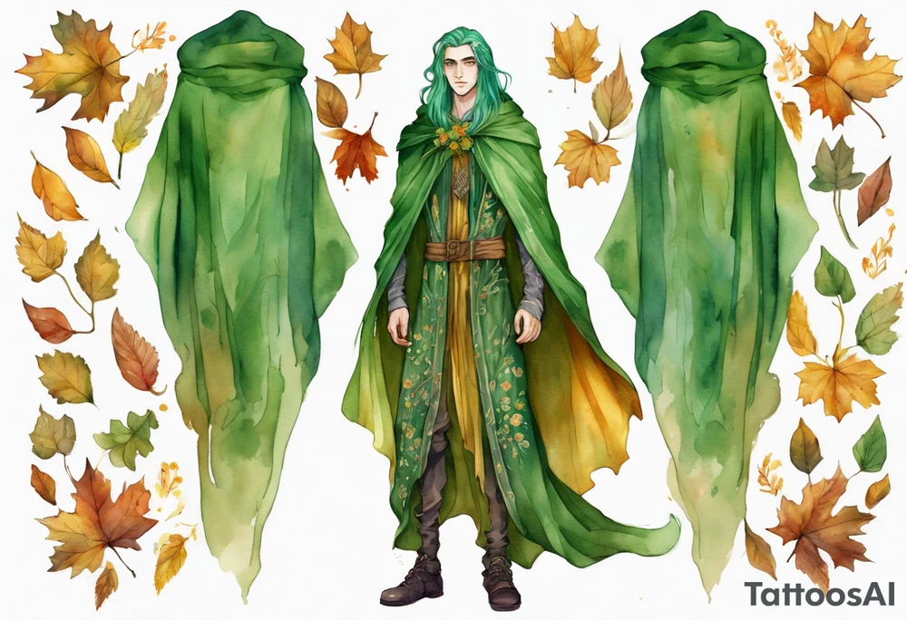 A tall, beautiful 19 year old man with autumn leaves in his long green hair, green skin. Wearing a golden medieval cloak covered with flowers. tattoo idea