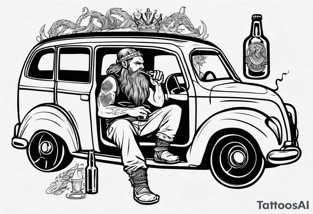 A Viking sitting in a car drinking a beer and smoking tattoo idea