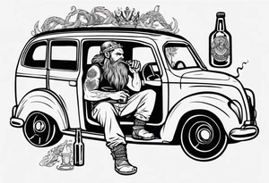 A Viking sitting in a car drinking a beer and smoking tattoo idea