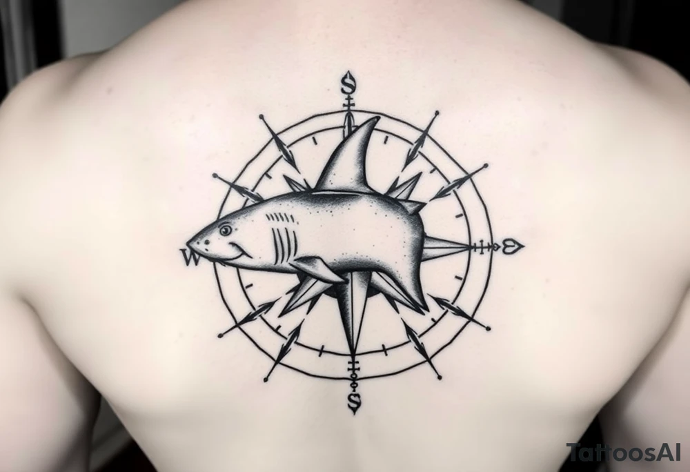 "A top-down view of a shark seamlessly integrated with a compass rose. The shark is seen clearly from above, swimming across or around the compass, with its fins and tail visible in perfect symmetry. The compass features detailed directional lines and ornate engravings, blending naturally with the shark's form. Done in black and grey ink, the style is realistic with subtle dotwork and shading for depth. The design is minimal yet powerful, symbolizing direction, strength, and instinct. Perfect for a shoulder, chest, or forearm tattoo." tattoo idea