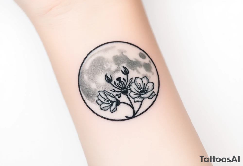 Small black and white tattoo full moon with small chrysanthemum and tiny scorpio gliph inside moon tattoo idea