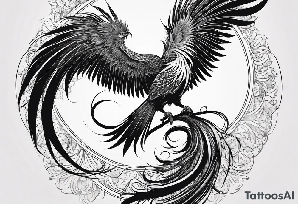 graceful asian style phoenix with extra long tail feathers and a long neck tattoo idea