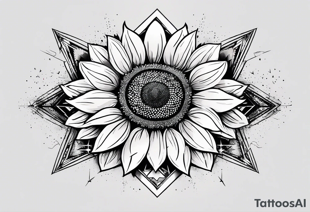 small sunflower surrounded by cosmic stars and arrow tattoo idea