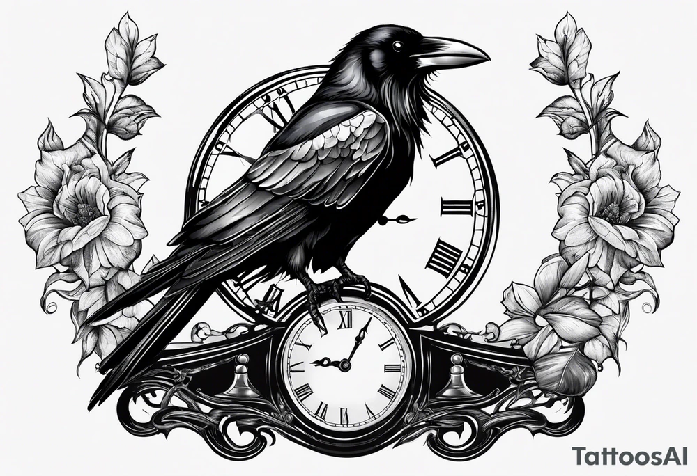 raven perched on clock tattoo idea
