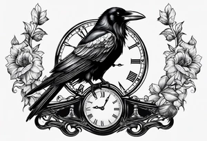 raven perched on clock tattoo idea