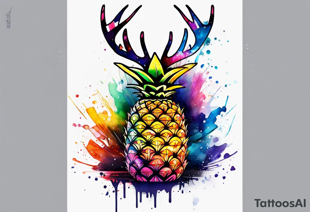 Broken glass watercolour tattoo, stag in shape of pineapple, Amsterdam, Amsterdam buildings, Amsterdam canal, space colours, galaxy colours, pineapples tattoo idea