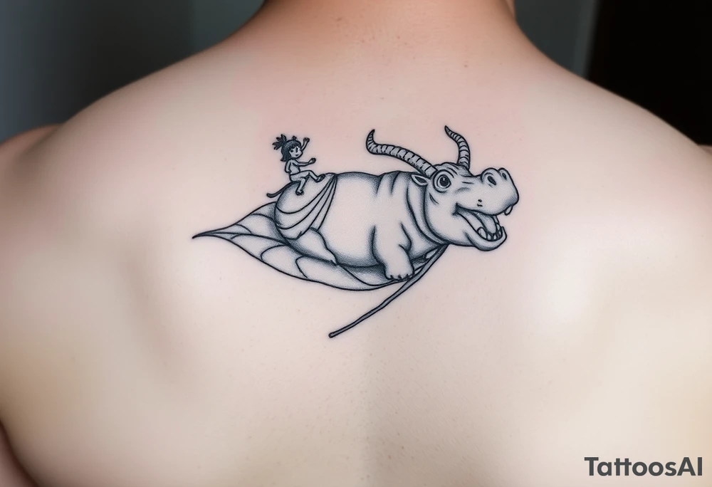 2 miniature people who are majestically floating down a river on a giant leaf as a angry hippopotamus with goat horns chasing them tattoo idea