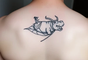 2 miniature people who are majestically floating down a river on a giant leaf as a angry hippopotamus with goat horns chasing them tattoo idea