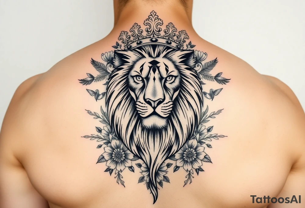 powerful majestic lion with a crown, surrounded by floral ornaments and birds tattoo idea