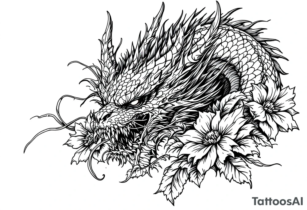 scary dragon face down with flowers tattoo idea