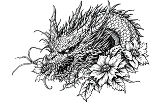 scary dragon face down with flowers tattoo idea