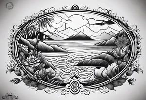 Tatouage ornement noir et blanc. les kangourous et la vie, un soleil, des vagues. Ainsi que  des feuilles provenant d’Australie et de  Bali. Lignes très fines. tattoo idea