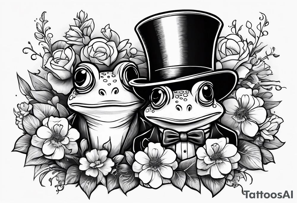 Frog in a top hat holding flowers to go on a date tattoo idea