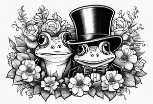 Frog in a top hat holding flowers to go on a date tattoo idea