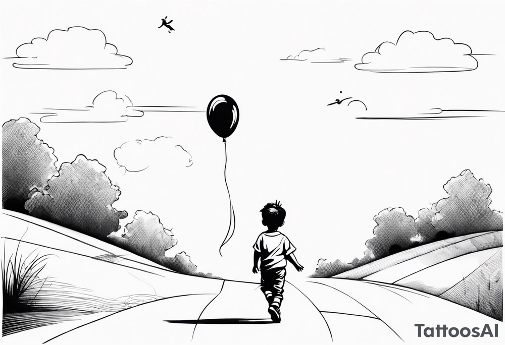 little boy with a balloon flying towards the sky with hopscotch games tattoo idea