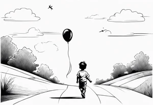 little boy with a balloon flying towards the sky with hopscotch games tattoo idea