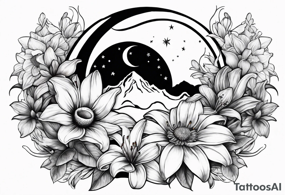 Crescent moon with daisy's, lily’s, crystals, and mushrooms tattoo idea