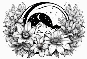 Crescent moon with daisy's, lily’s, crystals, and mushrooms tattoo idea