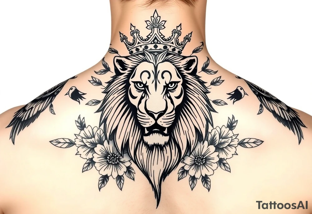 powerful majestic lion with a crown, surrounded by floral ornaments and birds tattoo idea