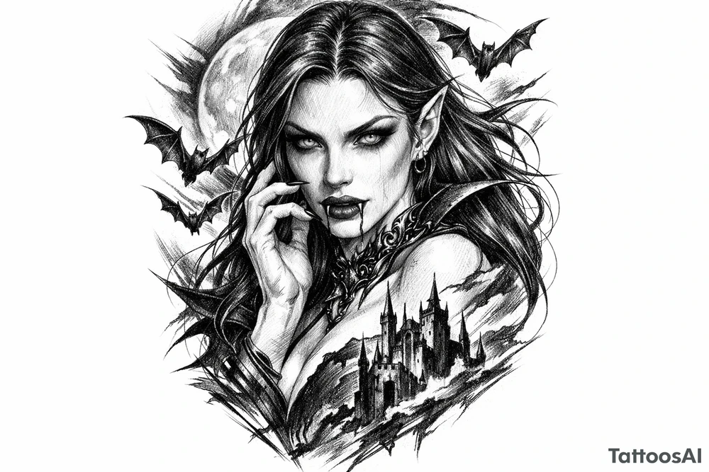 female vampire,bats,moon. tattoo idea