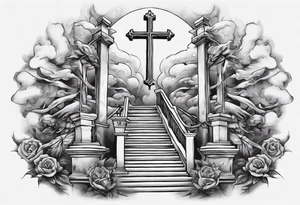 Inner bicep, stretched horizontally, stairs leading to a cross tattoo idea
