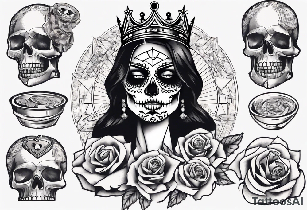 santa la muerta with money and crown
on the card tattoo idea