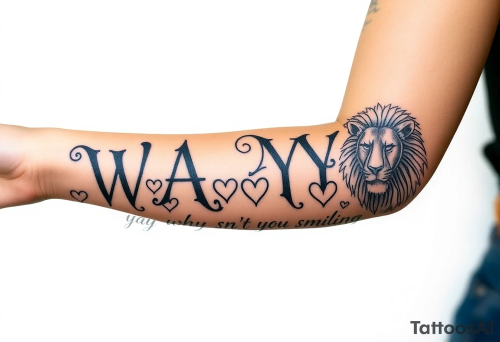 W.A.Y.S spelled out with why aren’t you smiling under neath it with hearts with 444 and a lion tattoo idea