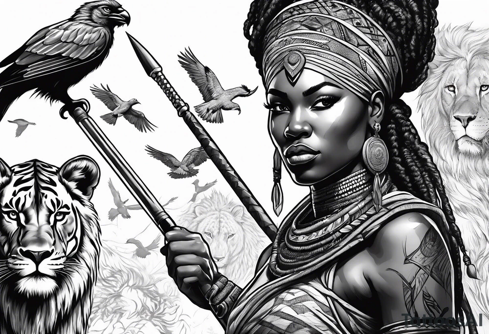 African woman warrior holding a spear with a mean look on her face with birds in the background and lion tattoo idea