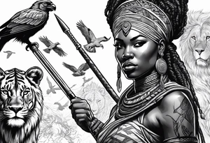 African woman warrior holding a spear with a mean look on her face with birds in the background and lion tattoo idea