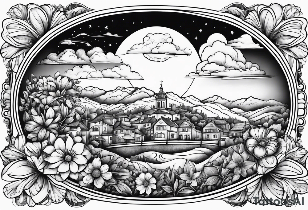 heaven town in circle vignette surrounded by clouds flowers tattoo idea heaven town in circle vignette surrounded by clouds flowers tattoo idea