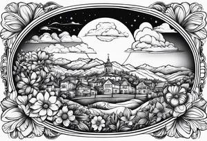 heaven town in circle vignette surrounded by clouds flowers tattoo idea
