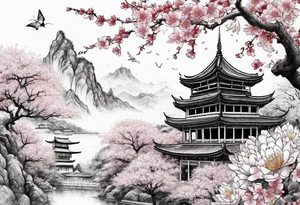 Cherry blossom, china building and lotus flower and dragon tattoo idea